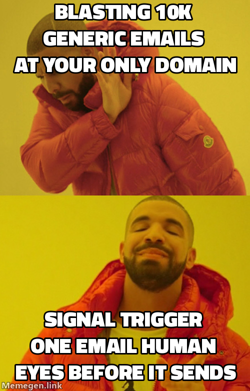 Drake meme: rejecting blasting 10k generic emails at your only domain, approving signal trigger one email human eyes before it sends