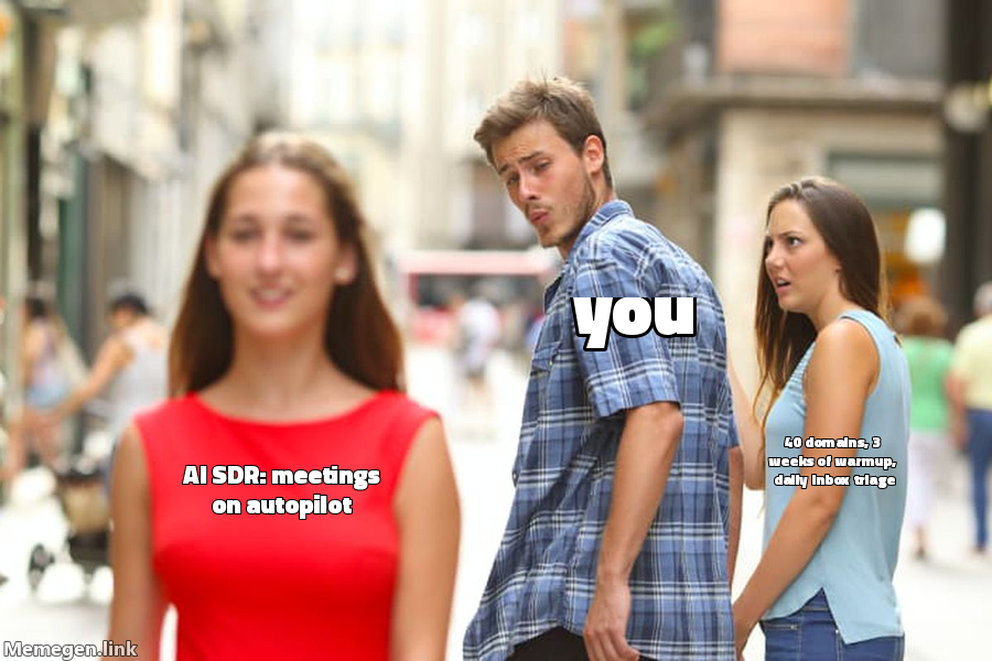 Distracted Boyfriend meme: buyer is distracted by AI SDR autopilot promise, ignoring the real work of domains warmup and inbox triage