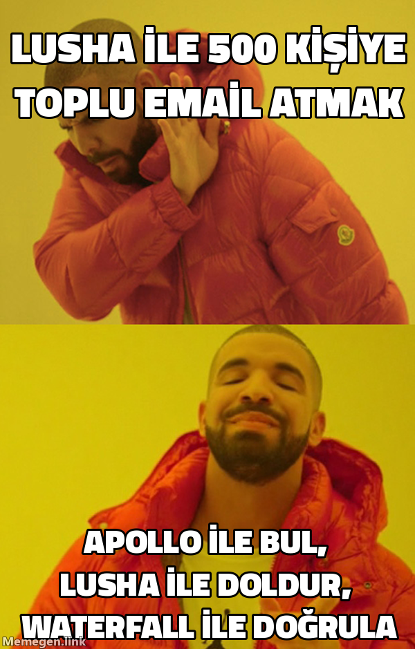 Drake meme: Lusha ile 500 kişiye toplu email atmayı reddediyor, Apollo ile bul, Lusha ile doldur, waterfall ile doğrula yaklaşımını onaylıyor.