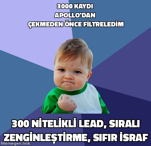 Success Kid memi: 3000 kaydı Apollo'dan çekmeden önce filtreledin, sadece 300 nitelikli lead, sıralı zenginleştirme, sıfır israf.