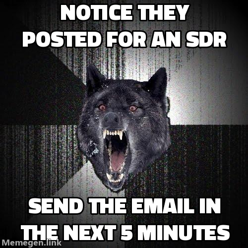 Insanity wolf: notice they posted for an SDR, send the email in the next 5 minutes