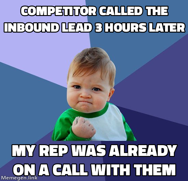 Success Kid meme: competitor called the inbound lead 3 hours later, my rep was already on a call with them