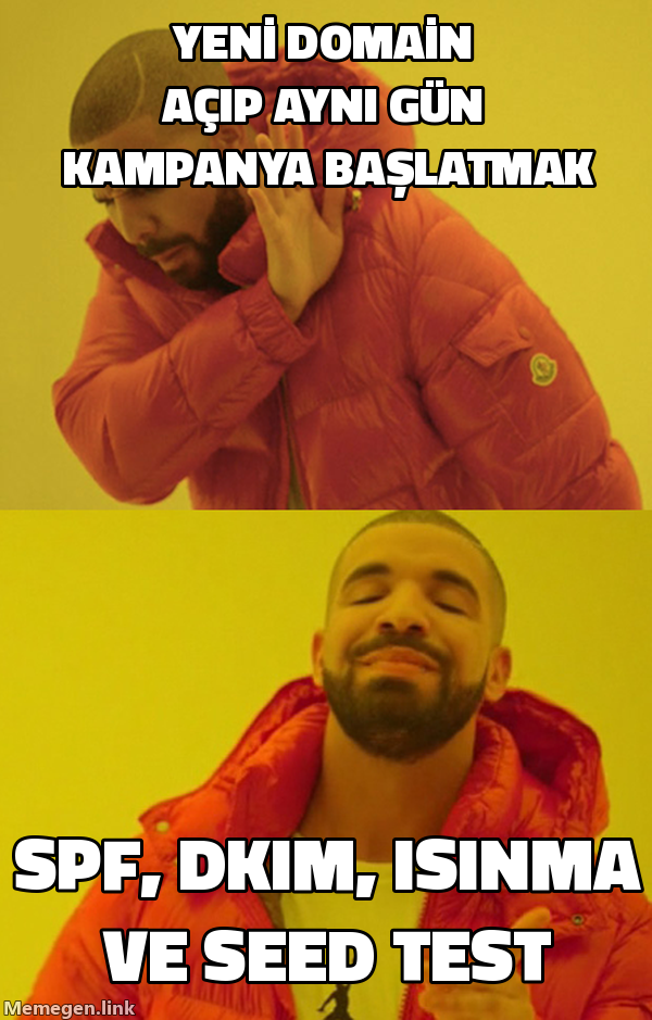 Drake meme: yeni domain açıp aynı gün kampanya başlatmayı reddediyor, SPF, DKIM, ısınma ve test mailini tercih ediyor
