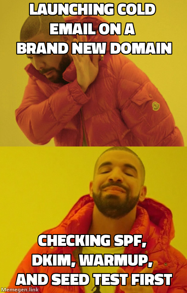 Drake choosing checking SPF, DKIM, warmup, and seed test first over launching on day one of a new domain