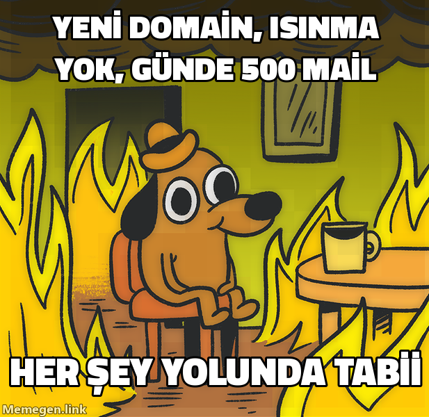 This Is Fine köpeği meme: yeni domain, ısınma yok, gün birde 500 mail gönderiliyor ve her şey yolunda deniliyor