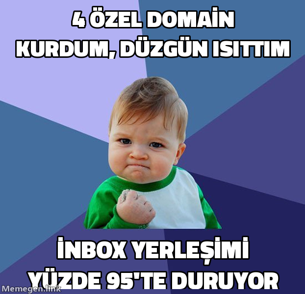 Success kid meme: 4 özel domain kurdum düzgün ısıttım, inbox yerleşimi yüzde 95'te duruyor