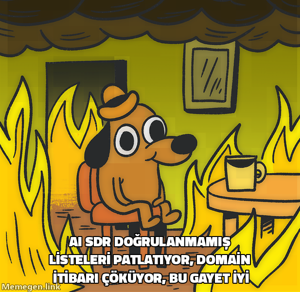 This is fine köpek meme: AI SDR doğrulanmamış listeleri patlatıyor, domain itibarı çöküyor, bu gayet iyi