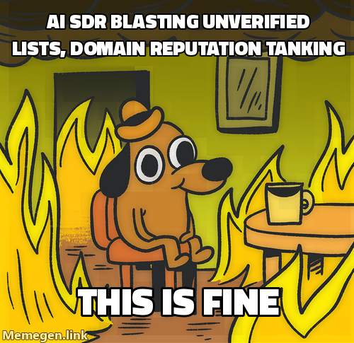 Fine meme: AI SDR blasting unverified lists, domain reputation tanking, this is fine