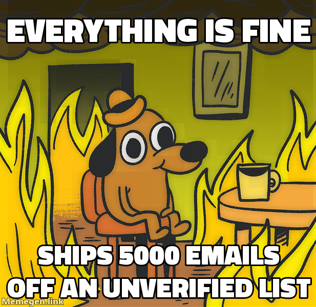 This is Fine dog meme: everything is fine while sending 5000 emails off an unverified list