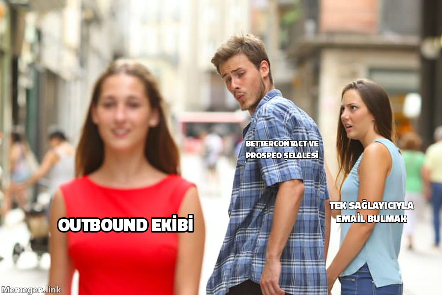 Distracted Boyfriend meme: outbound ekibi tek sağlayıcıyla email bulmaya çalışırken BetterContact ve Prospeo şelalesini görmezden geliyor