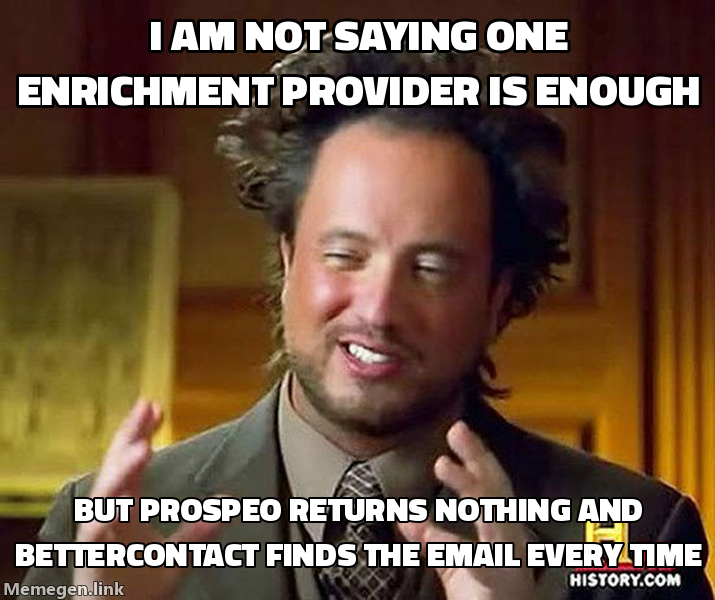 Ancient Aliens Guy meme: I am not saying one enrichment provider is enough / but Prospeo returns nothing and BetterContact finds the email every time