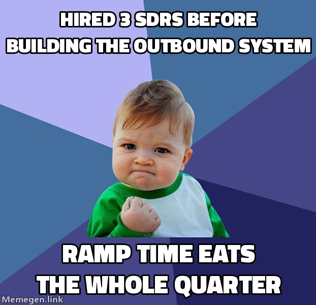 Success Kid meme: Hired 3 SDRs before building the outbound system. Ramp time eats the whole quarter.