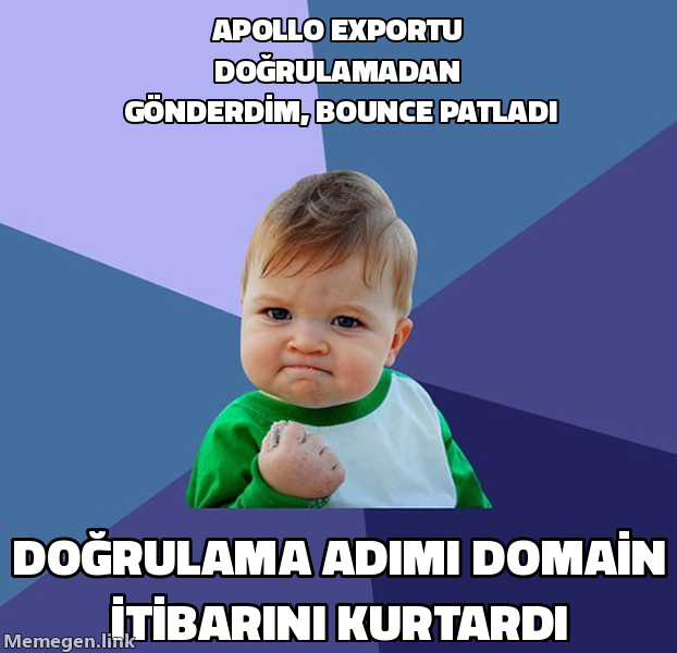 Success Kid meme: Apollo exportunu doğrulama yapmadan gönderince bounce oranı sender itibarını mahvediyor.