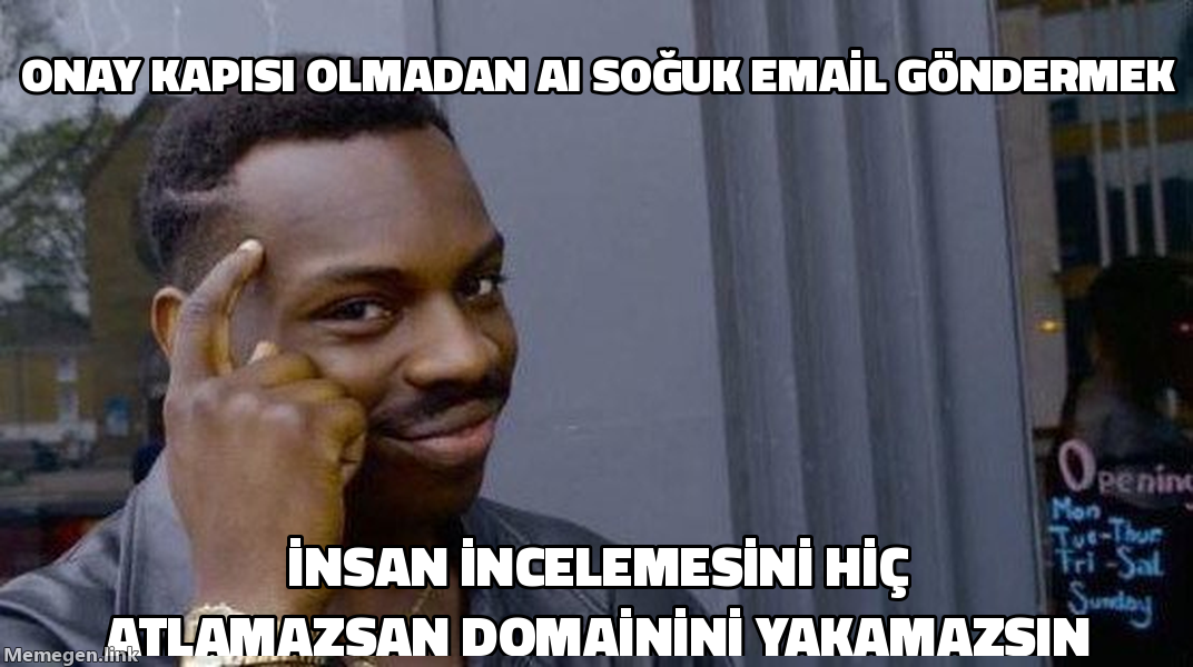 Rollsafe meme: onay kapısı olmadan AI soğuk email göndermek, insan incelemesini hiç atlamazsan domainini yakamazsın